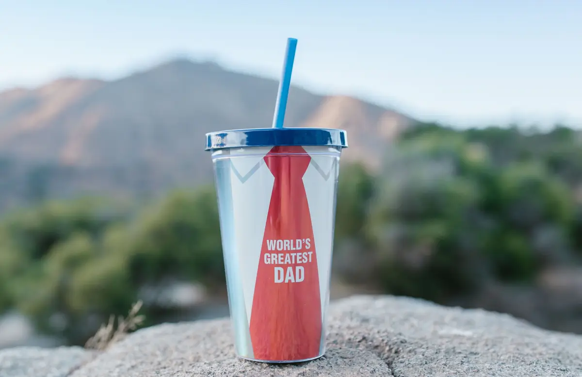 A personalized tumbler printed with a red tie and the words World’s Greatest Dad, standing on a rock with mountains behind